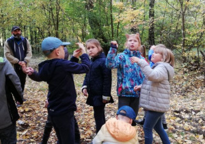 Dzieci bawią się w lesie.